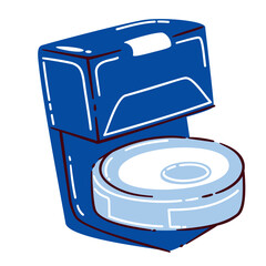 Robot vacuum cleaner with blue body and round shape for automated cleaning. Vector illustration in cartoon doodle style for home, hygiene, smart technology, or household design.