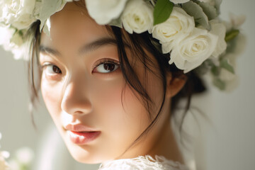 Obraz premium Portrait of a beautiful asian woman wearing a delicate flower crown and elegant white dress