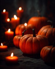 Festive orange pumpkins surrounded by flickering candles creating a cozy autumn ambiance during the Halloween season