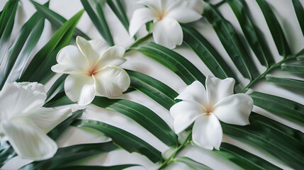 Obraz premium White flowers and green leaves arranged on a white surface creating a natural and elegant display