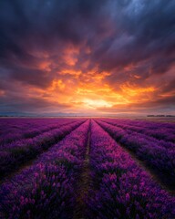 Vibrant lavender fields under a dramatic sunset sky showcase nature's beauty in full bloom during the late afternoon hours with rich colors and stunning scenery © Skoles