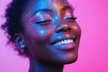 Close up portrait of young african american woman with curly hair and glitter on her face against color background. Beauty, cosmetics and creative art makeup. Bright skin.