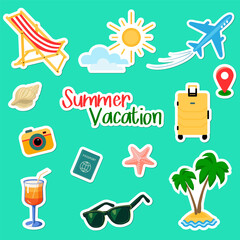 Collection of summer vacation stickers.Sun, plane,sunlounge,camera,cocktail,palm tree,sunglasses,suitcase,seashell.Vector cartoon illustration on  green background.For diary,scrapbooking,planner etc.