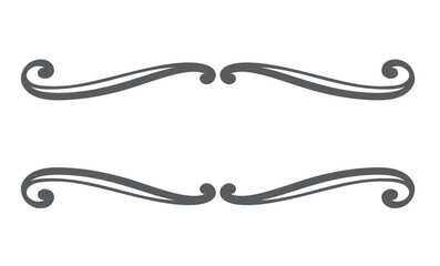 Symmetrical swirl dividers with elegant curved lines and mirrored ends. Black outline design on white. Vector illustration for invitations, cards, logos, or vintage frames.