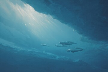 Obraz premium Beluga whales swimming gracefully beneath the ice in a tranquil Arctic marine environment with sunlight filtering through
