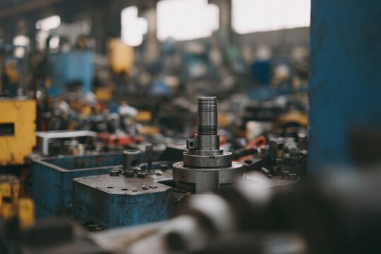 Complex machinery repair in an industrial facility highlights skilled technicians at work among various tools and equipment during a busy manufacturing process