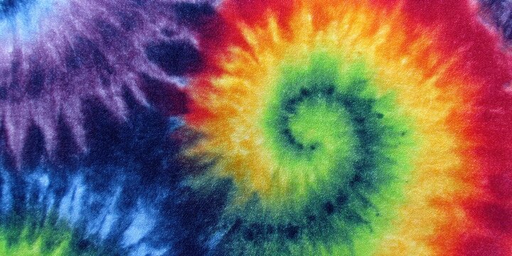 Close-up of colorful rainbow spiral tie-dye fabric pattern
