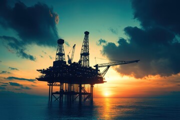 Obraz premium Oil rig platform at sunset ocean view gigapixel image industrial setting dramatic sky energy production