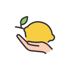Hand Holding A Ripe Lemon With A Small Green Leaf Design