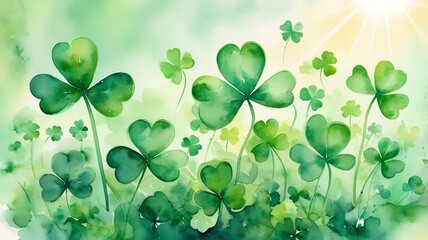 A watercolor green clover leaves, dreamy bokeh effect watercolor background with sunlight illuminating the leaves.