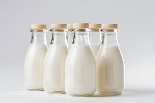 A row of glass milk bottles with wooden caps against a plain white background in a studio shot