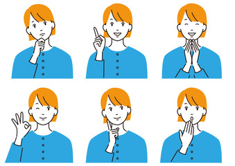 色々な表情やポーズの若い女性のベクターイラストセット