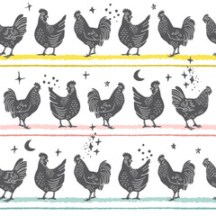 Black Chickens Standing in Line Vector Seamless Pattern