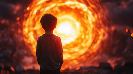 Young boy gazing at a fiery, swirling portal.