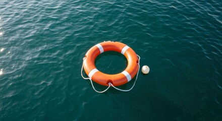 Orange lifebuoy with white bands floating on calm dark water surface
