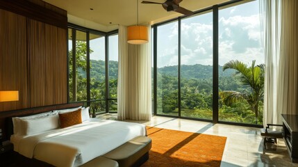 Fototapeta premium A lavish hotel suite with floor-to-ceiling windows overlooking a tropical paradise.