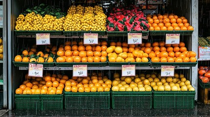 Fresh fruit display, citrus, lemons, oranges, and red produce
