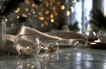 Obraz premium Holiday Decorations Featuring White and Gold Ornaments With Soft Lights and Greenery in a Festive Setting
