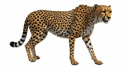 A cheetah with black spots standing on a white background in a full shot studio photography