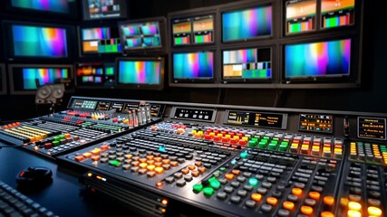 High-tech broadcast control room with vibrant screens and colorful buttons, showcasing media production