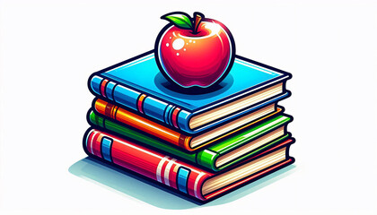 Clean, colorful clipart of a stack of textbooks with a shiny red apple on top, isolated on white, perfect for back-to-school designs and educational themes