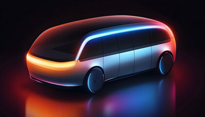 Sleek, modern vehicle with vibrant neon lighting. Seamless design, futuristic and stylish. The vehicle reflects a smooth surface