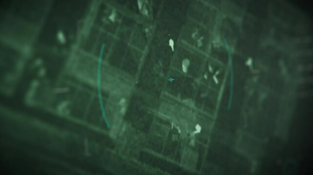 Scanning through the army conflict location. Night vision drone detects the modern army conflict at the tracked location. Army soldiers dying during the conflict at the location. Military surveillance