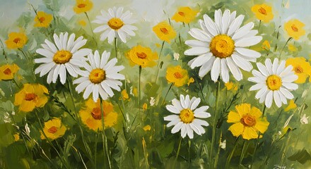 Fototapeta premium Daisy Flower Painting with Yellow Wildflowers