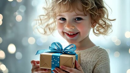 Enchanting moment: child delighted with gift wrapped in blue ribbon.