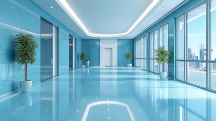 Modern Corporate Hallway with Blue Walls and Large Windows
