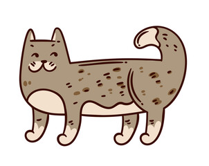 Color doodle cat standing playful with smiling expression. Cute funny cat has a brown texture, in a lively vibrant style, vector illustration