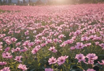 Obraz premium Soft pink flower field, sunlit, gentle breeze, beauty, romantic, dainty flowers