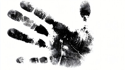 Hand Print Impression: A dark, detailed hand print dominates, imprinting a tactile message with bold contrasts. Each ridge and crevice of the hand is visible.