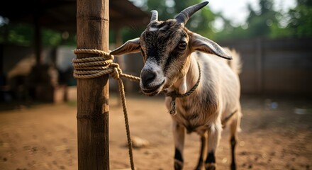 Tethered Goat in Rustic Setting, Warm Sunlight