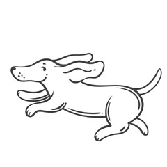 Cartoon dog running with big floppy ears and happy face. Minimal monochrome doodle outline, perfect for coloring pages, stickers, kids art, clipart, or playful pet projects.