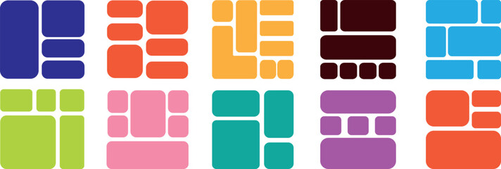 Bento style layout grid templates. bento box photo frame collage layout. Light mood board mockup horizontal banner.  Colorful trendy geometric brick layout collection. Pictures collages with trendy Y2