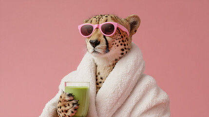Cheetah's Day Off: A relaxed cheetah donning sunglasses and a bathrobe enjoys a refreshing drink against a soft background. It's the ultimate chill vibe and epitomizes leisure and comfort.