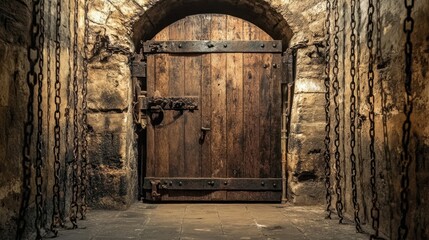 Fototapeta premium A medieval dungeon with a heavily reinforced door and iron chains.