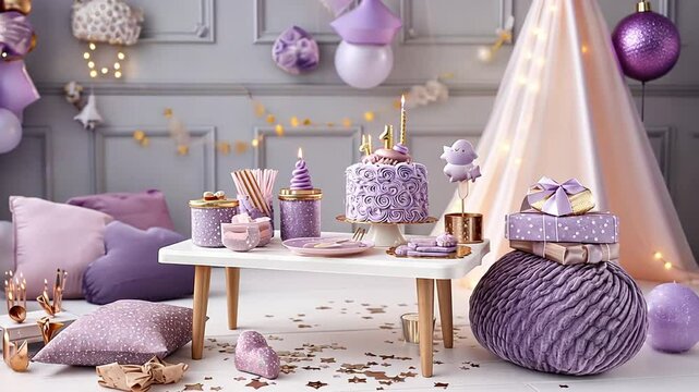 Elegant purple-themed birthday celebration setup with cake, decorations, and cozy atmosphere