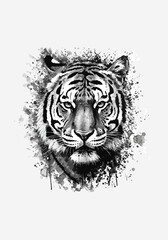 A captivating black and white ink illustration of a tiger's face featuring intricate details and dynamic paint splatters, evoking a sense of wild beauty and creative expression