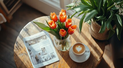 Cozy scene with tulips, coffee, and a book by the window. A peaceful, bright, and inviting atmosphere.