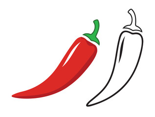 Chili Pepper Icon. Red and White Silhouette of Hot Pepper with Green Stem