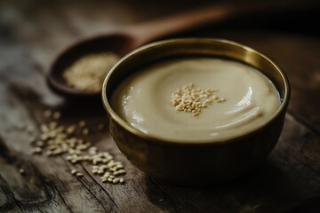 Smooth tahini dip in vintage brass bowl, sesame seeds, wooden spoon, blurred background