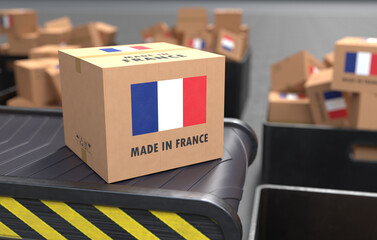 Made in France packages on conveyor belt. 3D illustration