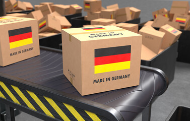 Made in Germany packages on the production line. 3D illustration