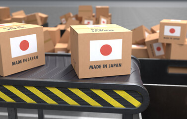 Japanese export boxes on a conveyor belt. 3D illustration