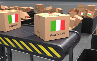 Made in Italy products on conveyor belt. 3D illustration