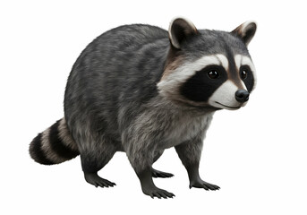 A full body view of a raccoon standing on a white background looking to the right of the frame