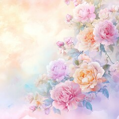 Delicate floral design with pastel roses and soft colors.  Aquarelle painting style depicts blooming roses, branches, and soft sky