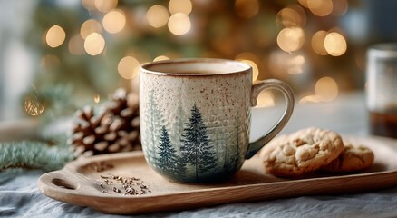 Warm Coffee and Cookies During a Cozy Holiday Setting With a Festive Background
